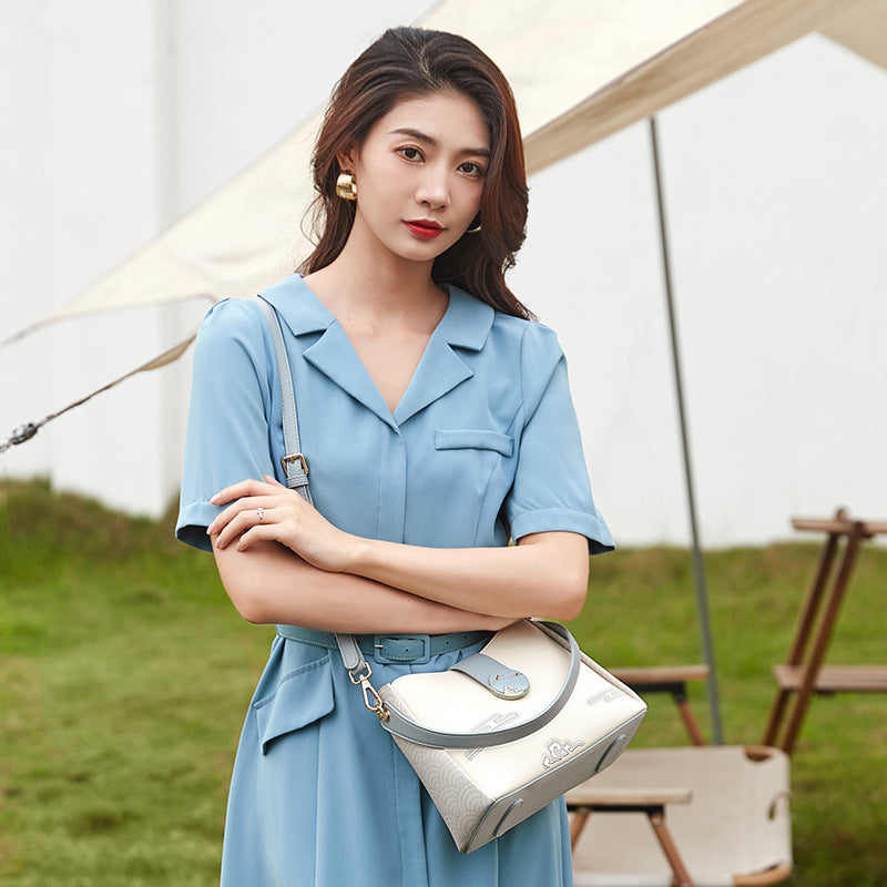 Women's Genuine Leather Small Bucket Cross-Body Shoulder Bag, New Top-Handle Handbag with Color-Block Embossed Pattern, Versatile Everyday Purse for Work, Travel & Casual Outings