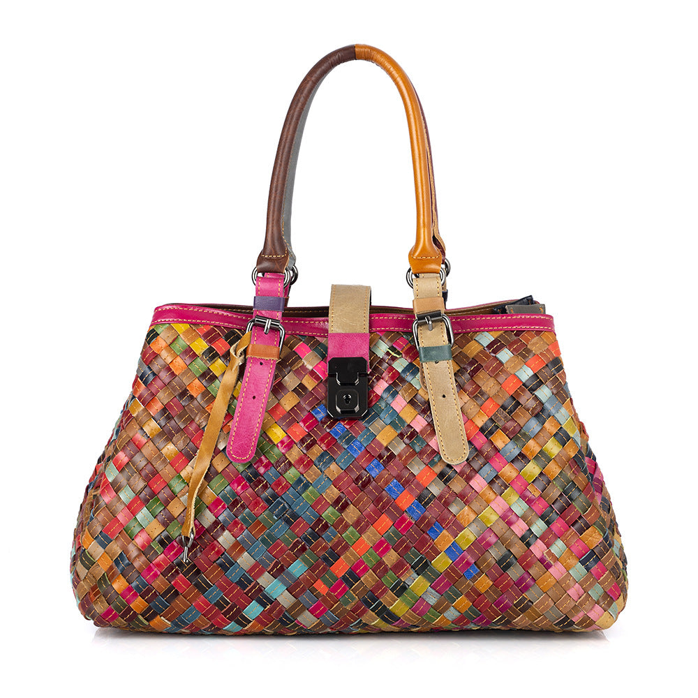 Genuine Cowhide Woven Multicolor Vintage Handbag for Women, Casual Lock Buckle Top Handle Crossbody Purse, Multi-Compartment Designer Bag for Ladies