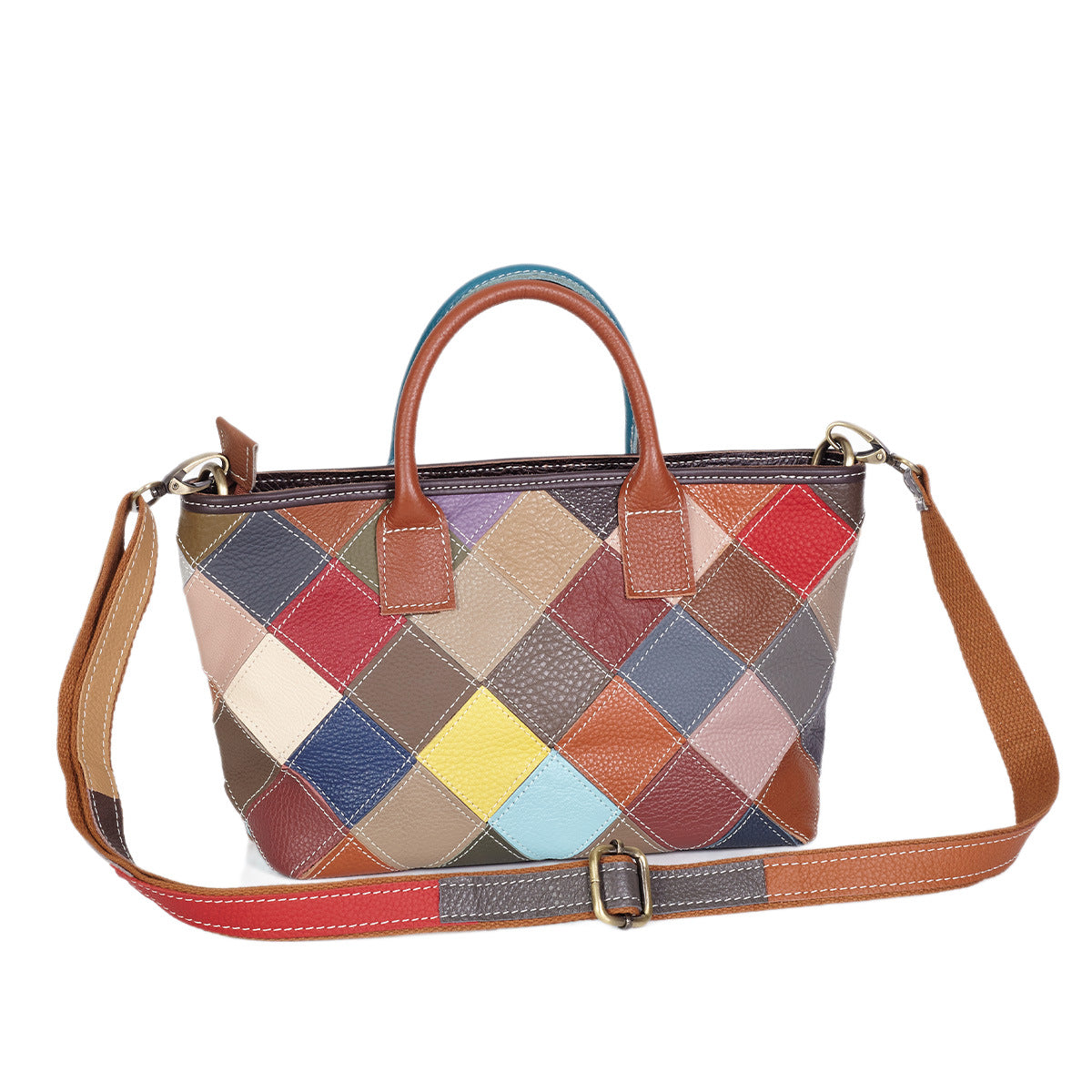 Premium Genuine Leather Colorful Plaid Patchwork Bag for Women | New Quilted Color-Block Top-Handle Shoulder Cross-Body Handbag with Unique Artistic Design | Versatile 3-in-1 Carry Purse for Work, Errands, Travel & Everyday Chic | Trendy Statement Ac