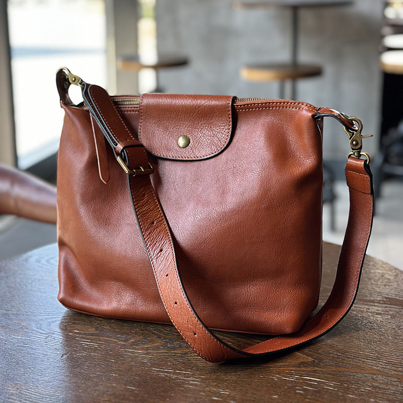Genuine Vegetable-Tanned Cowhide Shoulder Crossbody Bag for Women, Vintage Minimalist Casual Large Capacity Dumpling Purse, Premium Leather Handbag for Ladies