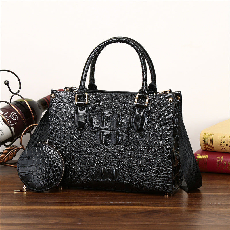 Genuine Leather Couple Tote Bag with Coin Purse, Crocodile Embossed Large Capacity Business Shoulder Handbag for Men and Women