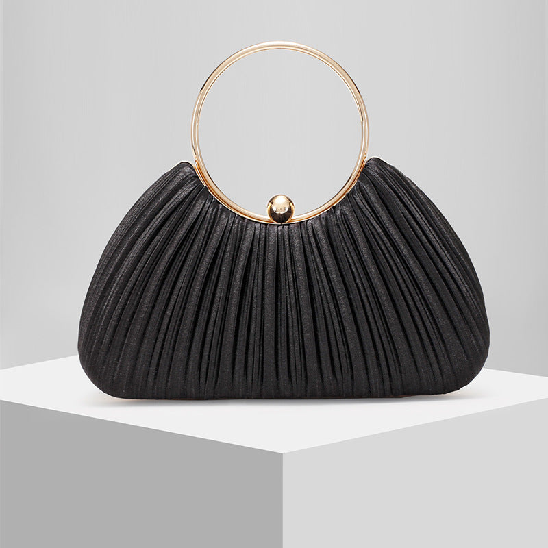Satin Pleated Evening Clutch for Women, New Ring Top Handle Formal Gown Bag, Elegant Prom Party Handbag for Ladies