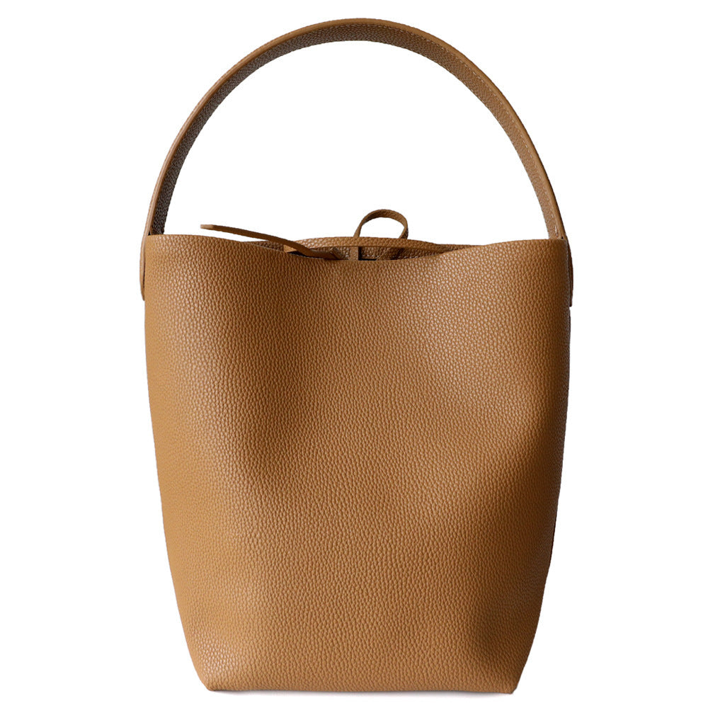 Cowhide Bucket Tote Bag for Women Minimalist Slouchy Shoulder Handbag, Large Capacity Genuine Leather Purse with Versatile Everyday Style