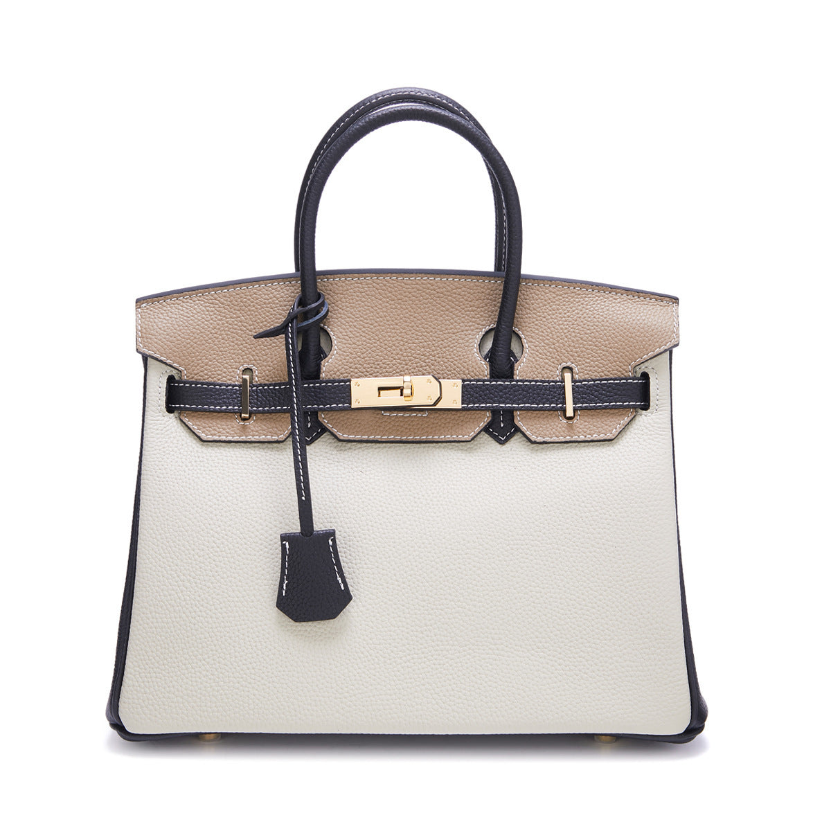 Genuine Leather Two-Tone Tote Shoulder Crossbody Bag, Large Lychee Grain Platinum-Style Contrast Color Handbag, Top-Layer Cowhide Purse for Women