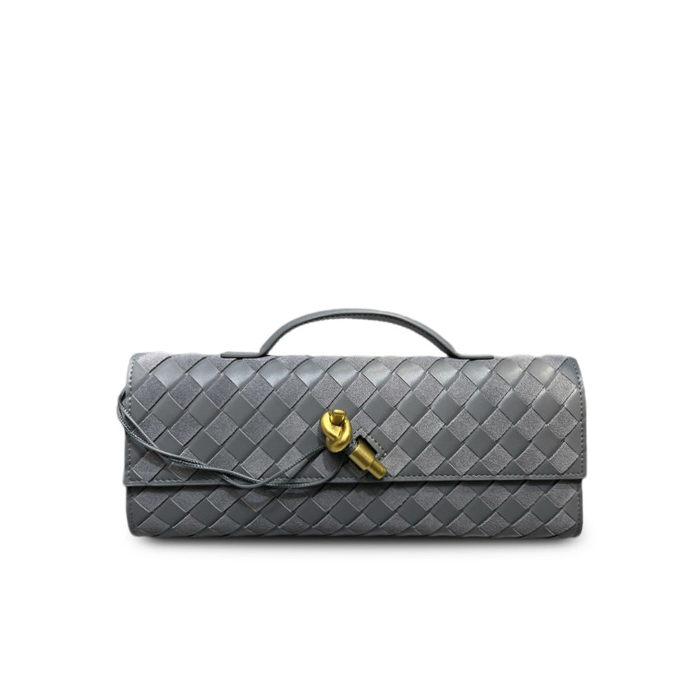 Matte leather spliced woven clutch, vintage metal latch evening bag, fashionable baguette bag for women