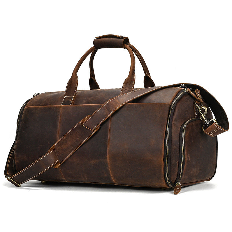 20-Inch Crazy Horse Leather Suit Garment Duffle Bag, Large Capacity Travel Weekender, Shoulder Crossbody Luggage for Men