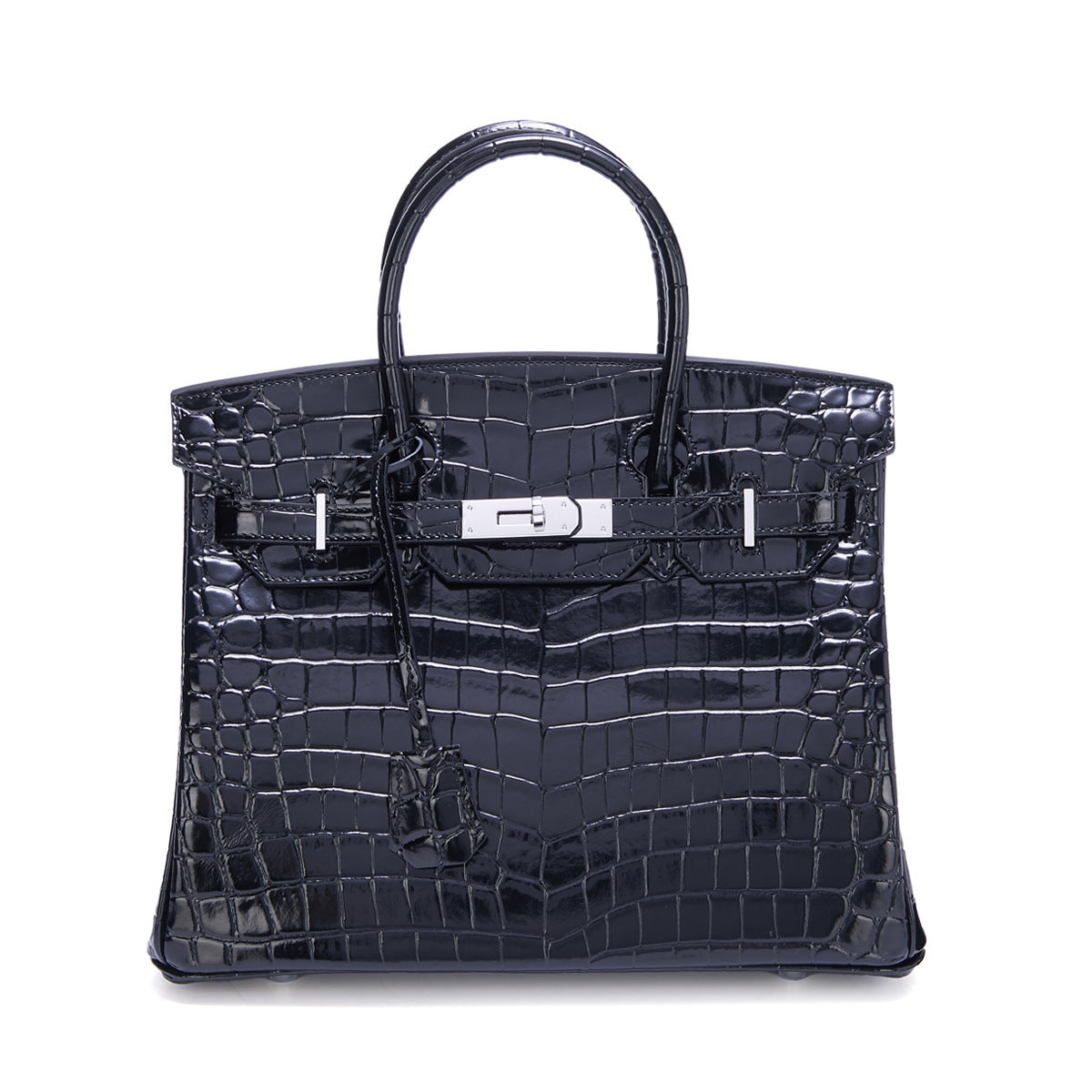 Genuine Leather Patent Crocodile-Embossed Birkin-Style Bag for Women, New Fashionable Top Handle Shoulder Crossbody Purse with Silver-Tone Hardware, Trendy Handbag for Ladies