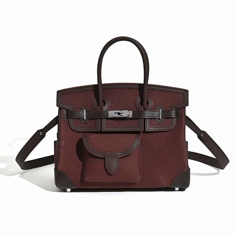 Premium Canvas & Top-Layer Leather Tote Bag for Women, Multi-Pocket Utility Design with Versatile Top-Handle Shoulder Crossbody Carry, Everyday Handbag