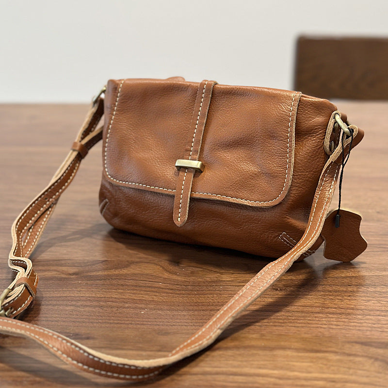 Spring Summer Vintage Leather Messenger Bag, Lightweight Commute Shoulder Crossbody Purse, Top Layer Cowhide Small Everyday Bag for Women