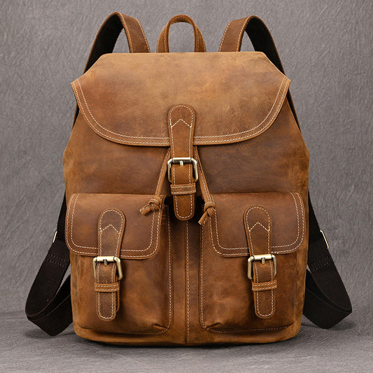 Vintage Crazy Horse Leather 13-Inch Backpack, Top Layer Cowhide Fashion Casual Daypack for Men and Women
