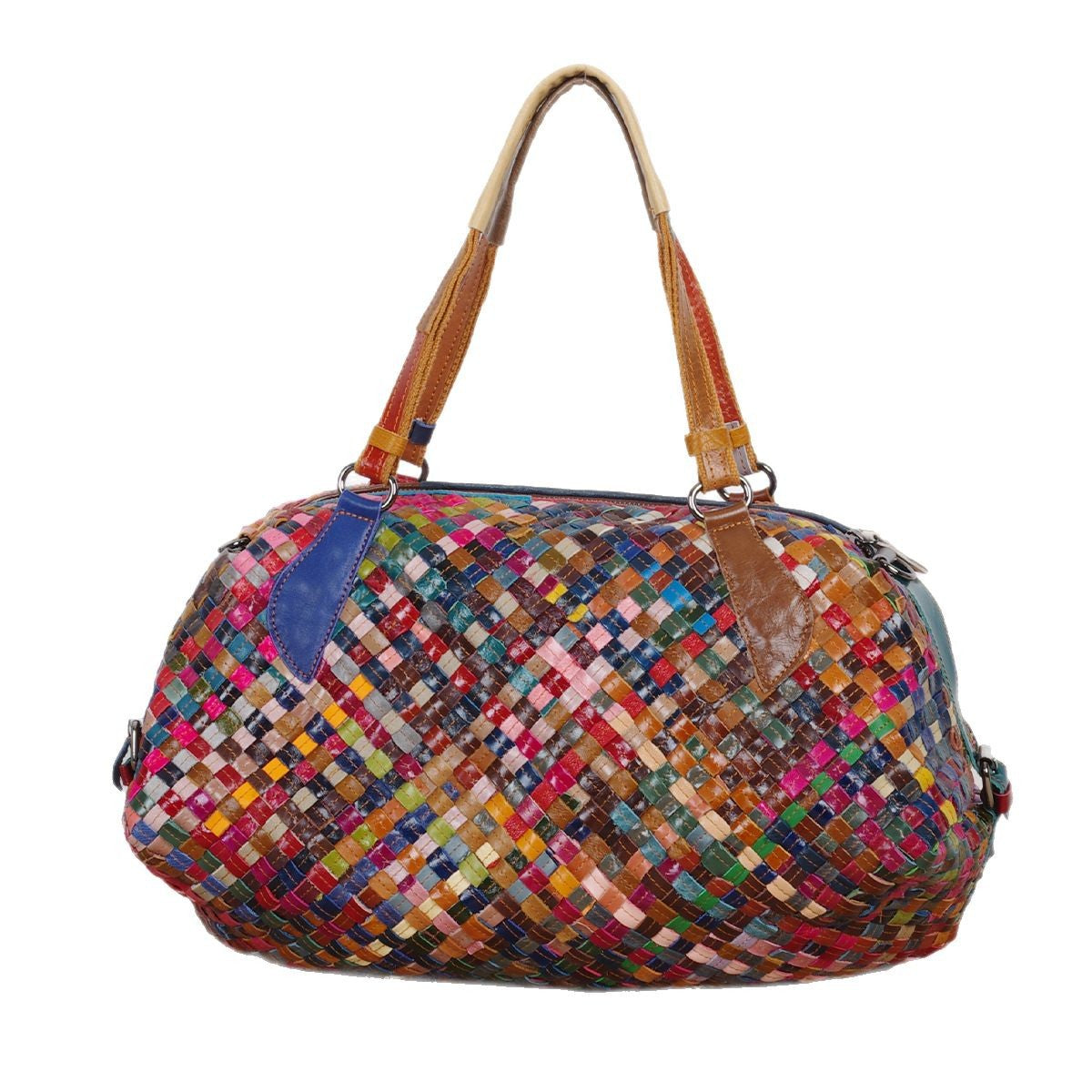 Colorful Patchwork Woven Genuine Leather Tote, Large Capacity Travel Shoulder Crossbody Bag, Designer Handbag for Women