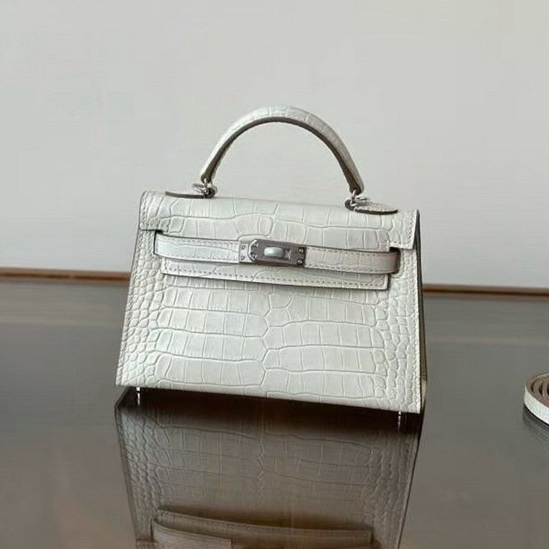 Genuine Leather High-Gloss Crocodile-Embossed Kelly-Style Bag for Women, New 2nd Gen Mini Top Handle Shoulder Purse, Premium Handbag for Ladies