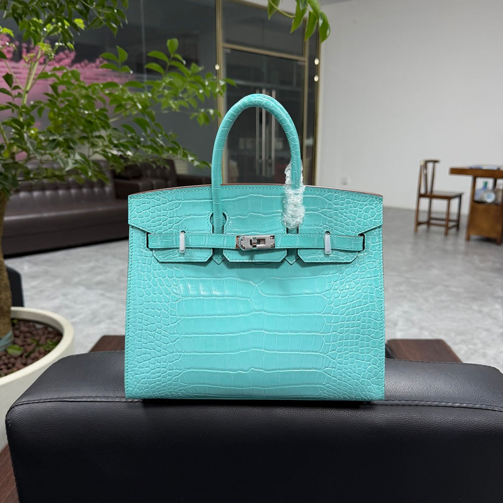 Genuine Top Layer Cowhide Crocodile-Embossed Birkin-Style 25 Bag for Women, External Stitching Hand-Stitched Waxed Thread with Steel Hardware, Lambskin Lining Handbag for Ladies