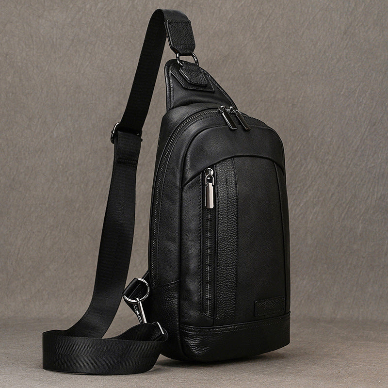 Black Genuine Leather Large Capacity Chest Bag, Crossbody Shoulder Backpack Fits iPad, Casual Work Commute Bag for Men