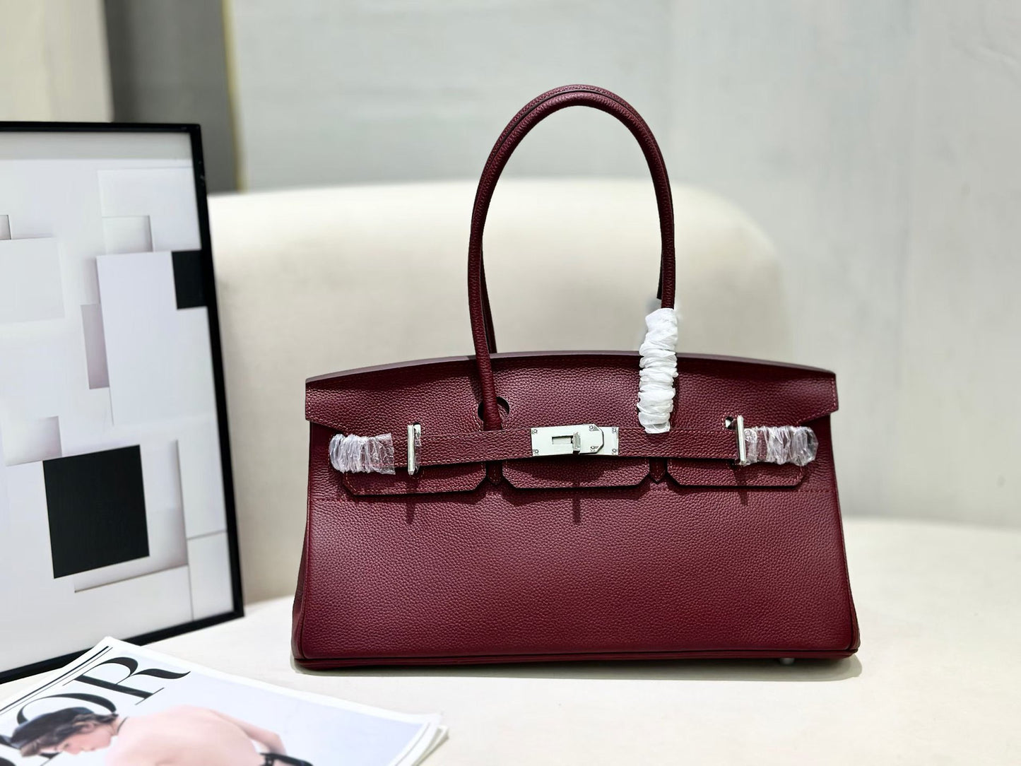 Genuine Togo Leather Birkin-Style Bag for Women, New Classic Vintage Top Handle Handbag, Niche Design Fashionable Versatile Purse for Ladies