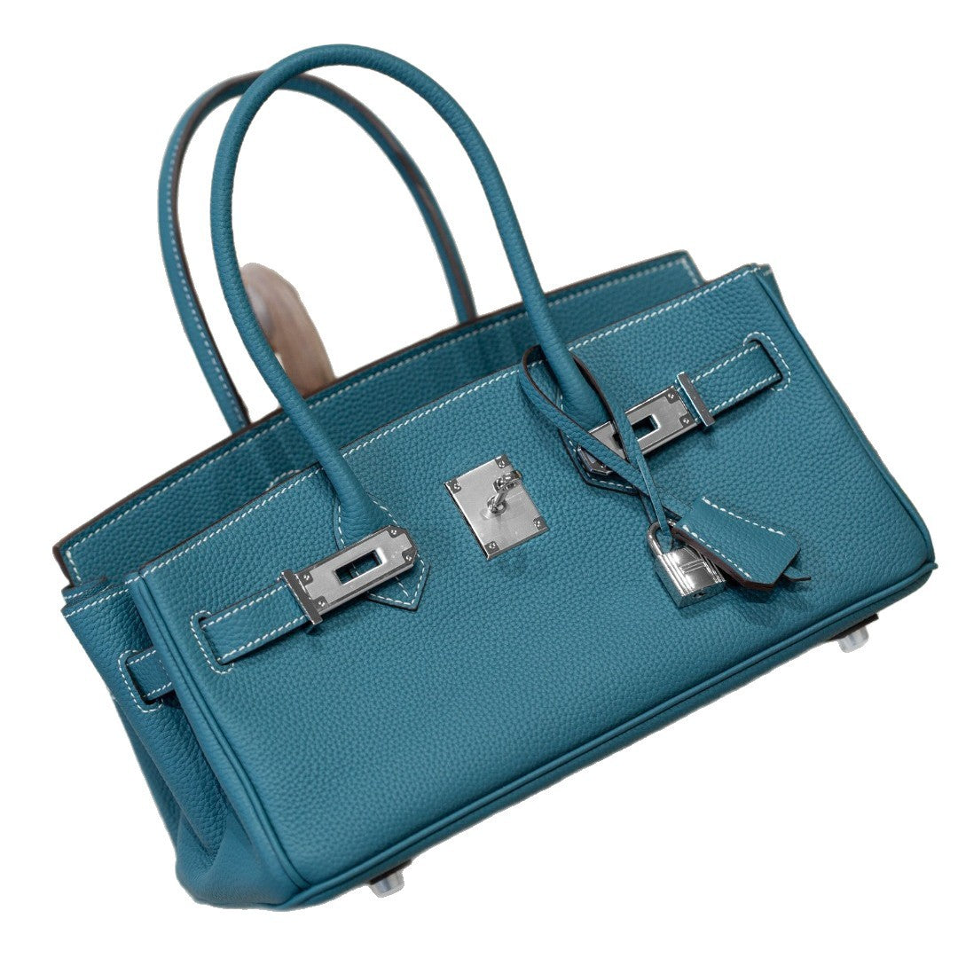 Genuine Togo Leather Birkin-Style Bag for Women, New Vintage Horizontal Top Handle Handbag, Premium Retro Purse for Ladies