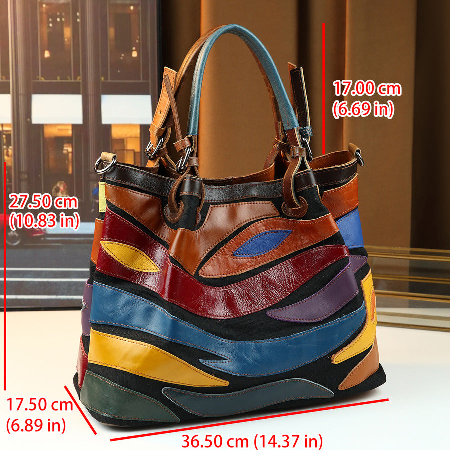Genuine Leather Geometric Color-Block Bucket Bag for Women Colorful Patchwork Top Handle Shoulder Crossbody Purse with Artistic Design