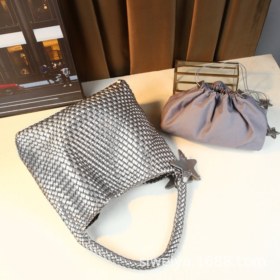 Woven Tote Bag for Women with Star Charm, Large Capacity Casual Commuter Shoulder Handbag, Trendy Purse with Playful Star Accent
