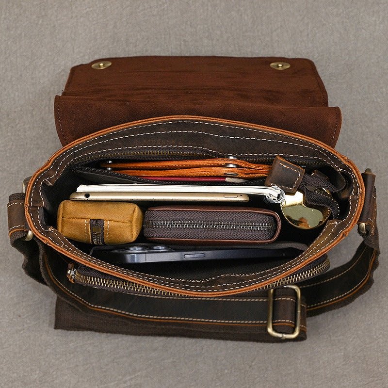 Genuine Top Layer Crazy Horse Cowhide Shoulder Bag for Men, Vintage Minimalist Small Crossbody Purse, Bestseller Casual Bag for Gentlemen