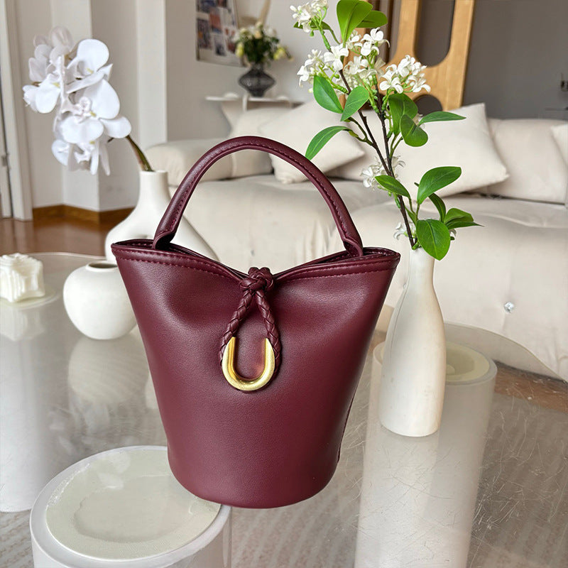 Genuine Cowhide Handwoven Bucket Bag with U-Buckle, New Vintage Shoulder Crossbody Top Handle Purse, Premium Handwoven Handbag for Ladies