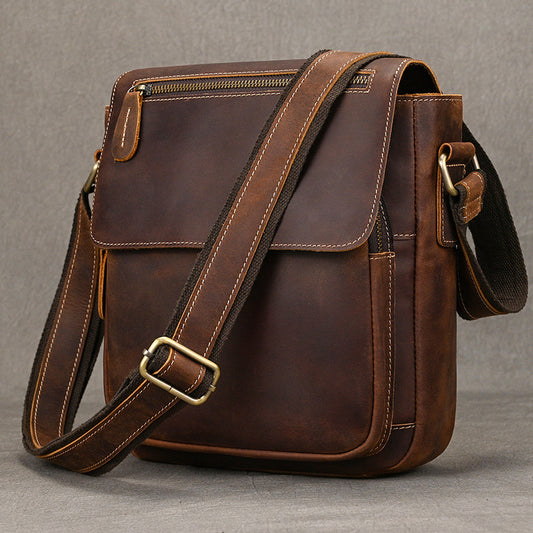 Genuine Top Layer Crazy Horse Cowhide Shoulder Bag for Men, Vintage Minimalist Small Crossbody Purse, Bestseller Casual Bag for Gentlemen