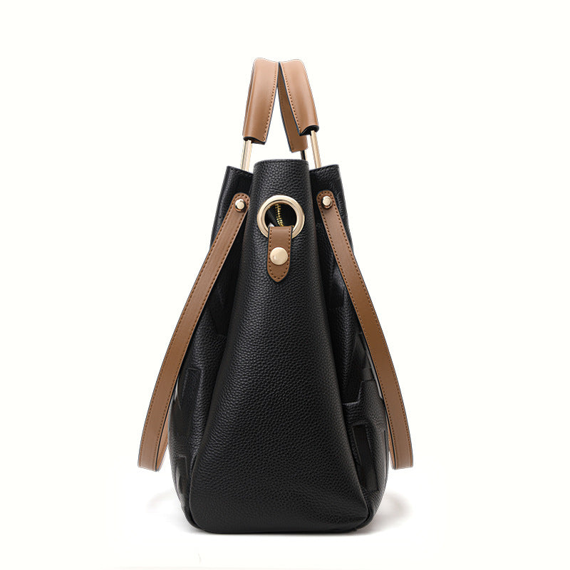 Genuine Leather Large Capacity Bucket Bag for Women, New Trendy Shoulder Crossbody Top Handle Purse, Letter Design Handbag for Ladies