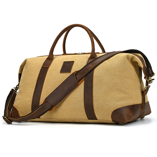 Vintage Washed Canvas & Crazy Horse Leather Travel Duffle, Top Handle Crossbody Luggage Bag, Large Storage Weekender for Men