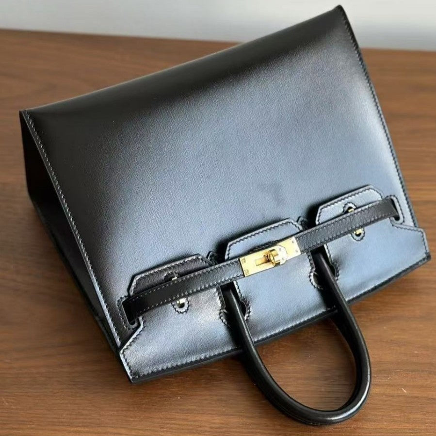 Genuine Top Layer Cowhide Box Leather Birkin-Kelly Style Bag for Women, New Large Capacity Top Handle Shoulder Purse, Premium Handbag for Ladies