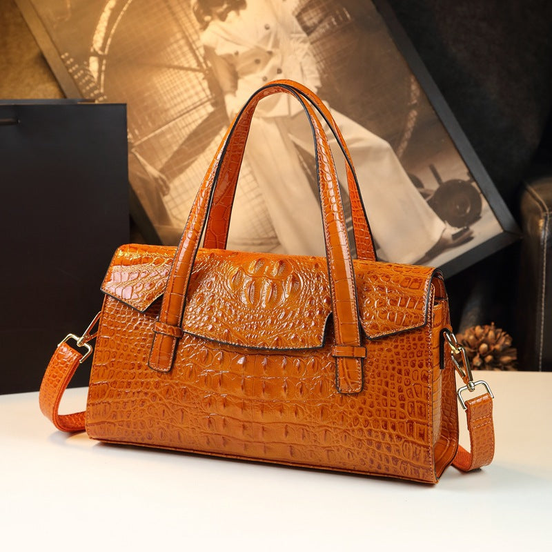 New Arrival Croc-Effect Genuine Leather Boston Pillow Bag for Women, A Fashionable Shoulder Crossbody Top-Handle Handbag Perfect for Moms