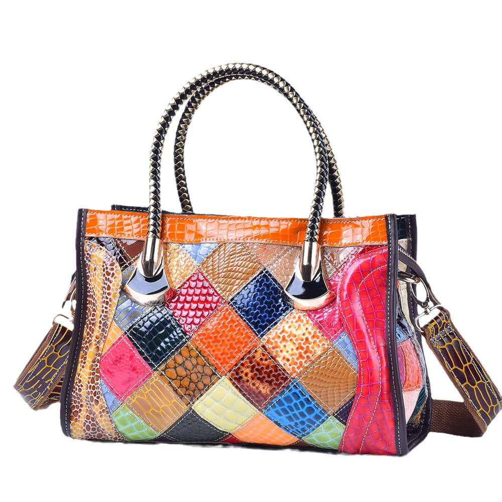 Snakeskin Patent Leather Color Block Bag, Trendy Shoulder Crossbody Purse, Cool Chic Handbag for Women