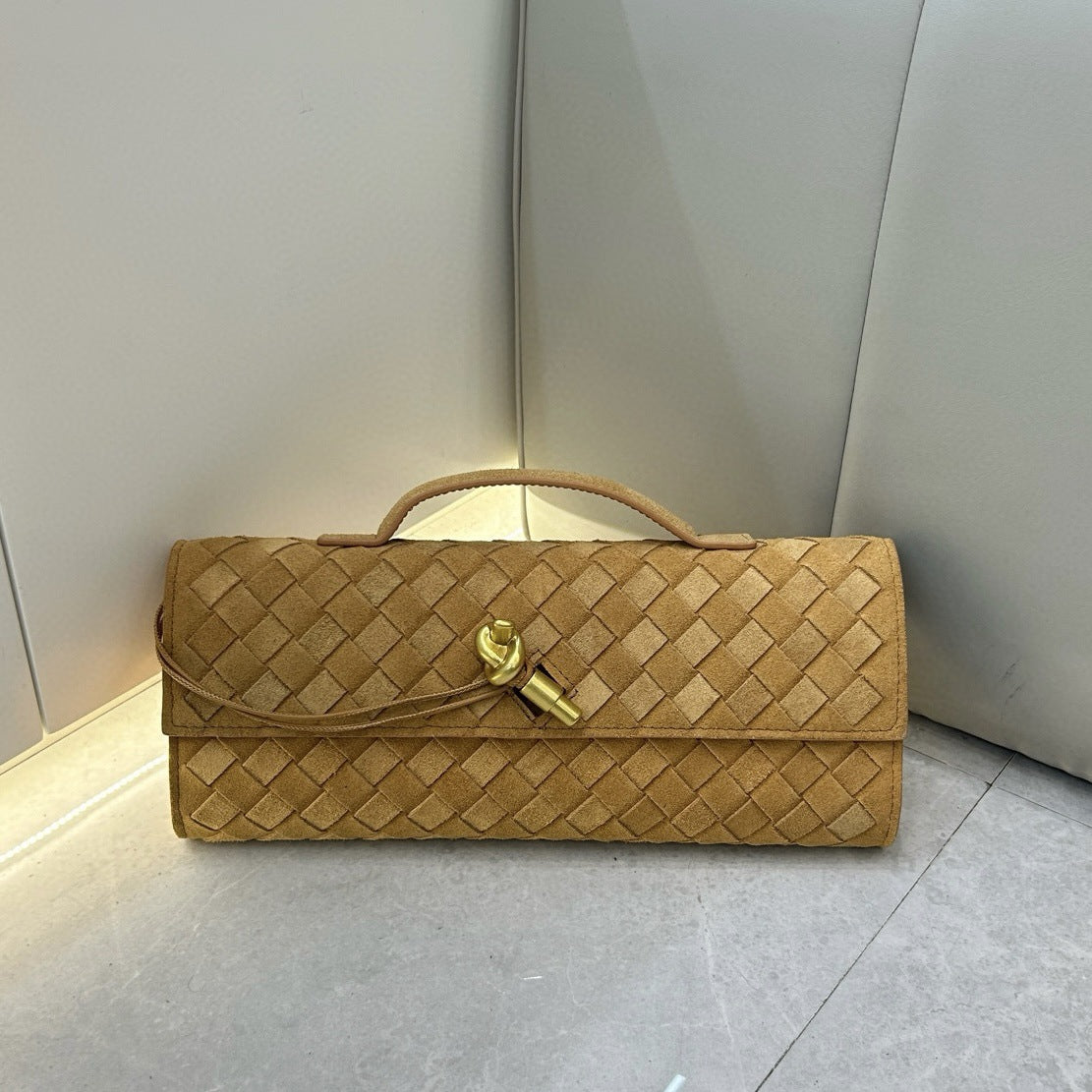 Fall/Winter Matte Suede Woven Evening Clutch, Horizontal Baguette Bag with Latch, High-End Light Luxury for Women