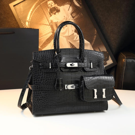 Chic Croc-Embossed Birkin-Inspired Tote Bag for Women, Premium Genuine Leather Large Capacity Top-Handle Crossbody Shoulder Handbag with Light Luxury Style, Everyday Purse