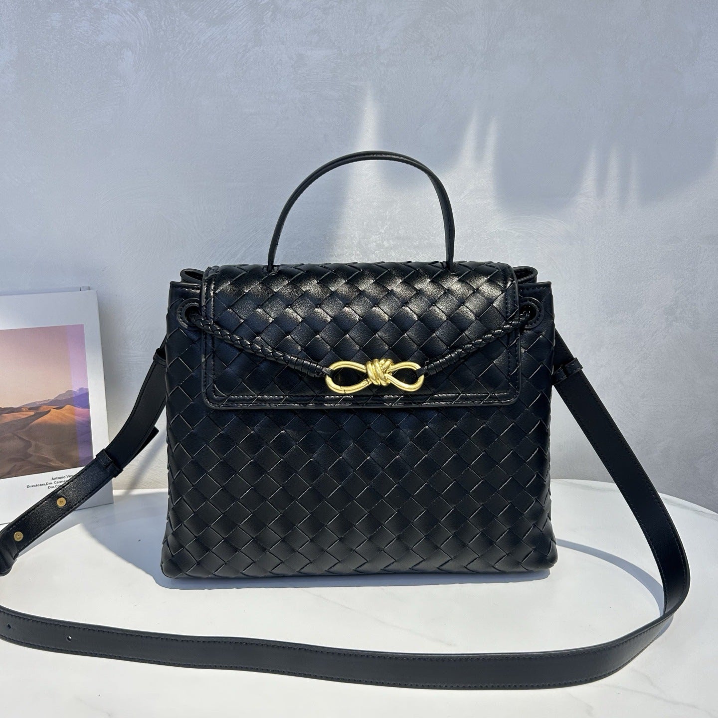 Genuine Leather Woven Tote with Butterfly Gold Buckle Flap, Large Commuter Shoulder & Crossbody Bag for Women