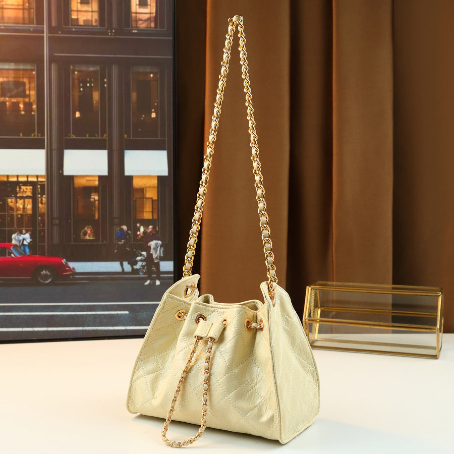 Quilted Drawstring Bucket Bag for Women Creamy Chain Shoulder Crossbody Handbag, Soft Versatile Purse with Sweet Spring Style