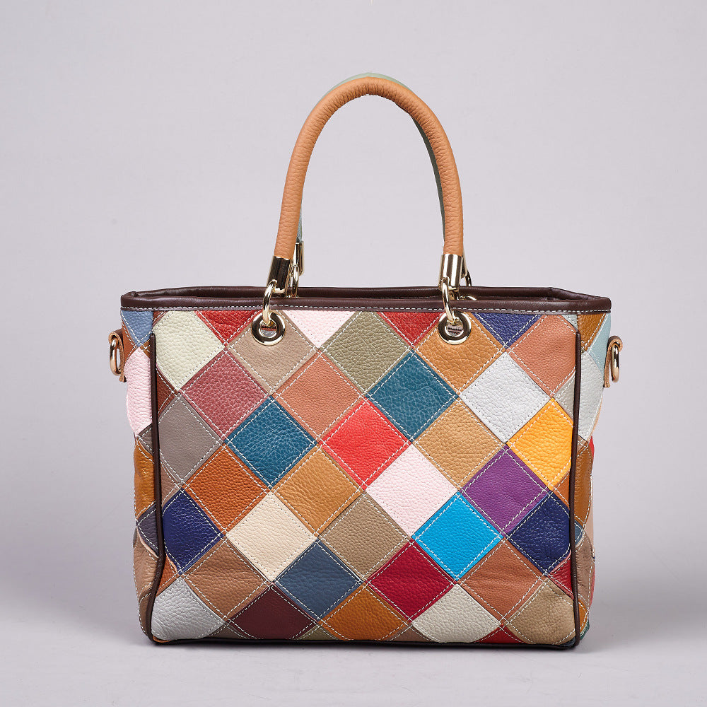 Colorful Patchwork Ethnic Style Genuine Leather Bag, Wholesale Trendy Shoulder Crossbody Top Handle Purse, Versatile Handbag for Women