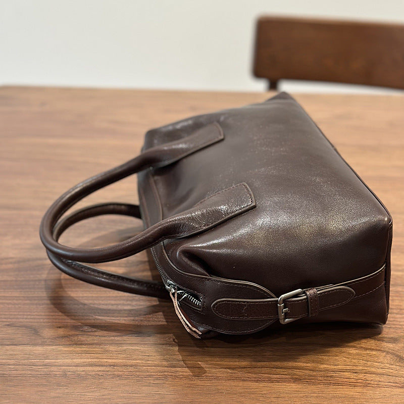 Genuine Top Layer Vegetable-Tanned Cowhide Boston Bag for Women, Minimalist Vintage Shoulder Crossbody Top Handle Purse, Fashionable Commute Handbag for Ladies