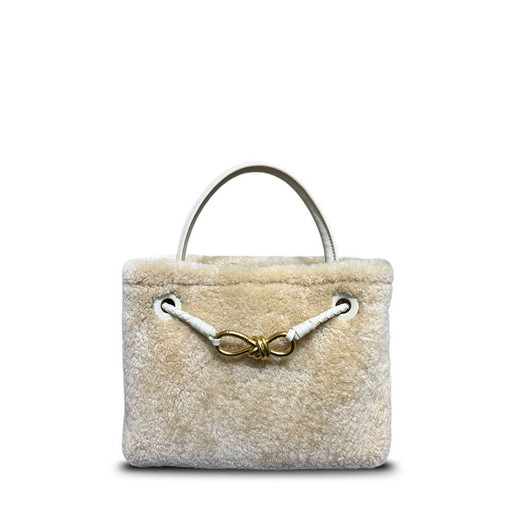 New Fall/Winter Lamb Wool Woven Tote with Metal Buckle, Vintage Large Commuter Shoulder & Crossbody Bag for Women