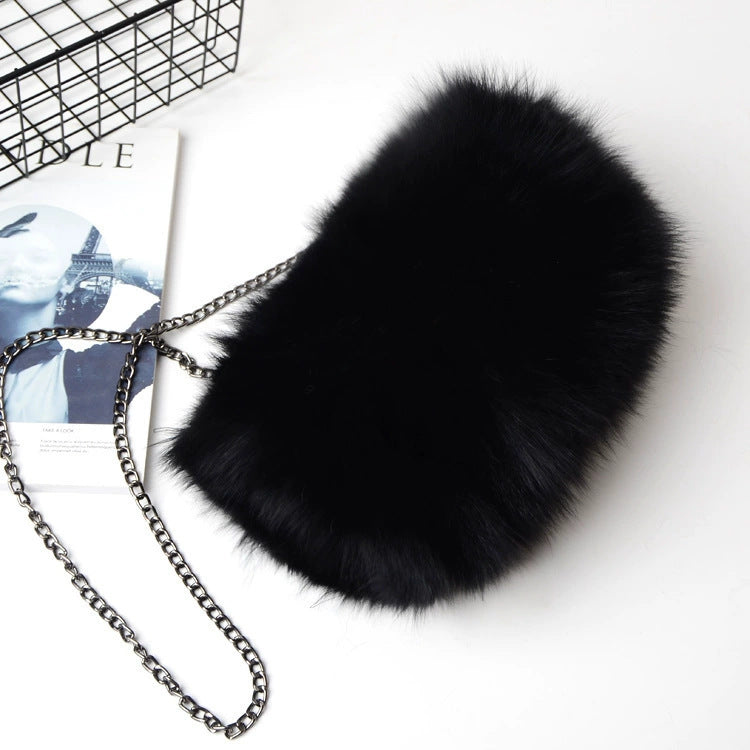 Women's New Fox Fur Chain Bag, Solid Color Shoulder Crossbody Purse with Chain Strap, Trendy Faux Fur Handbag with Fluffy Texture