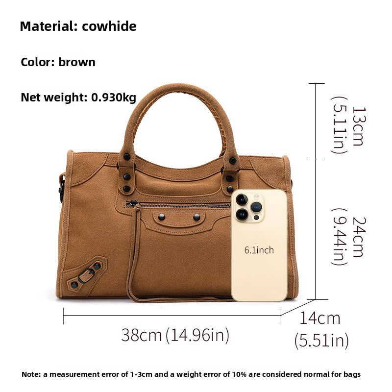 Genuine Matte Cowhide Biker Bag for Women, New Vintage Style Premium Top Handle Crossbody Purse, Fashionable Trendy Versatile Handbag for Ladies