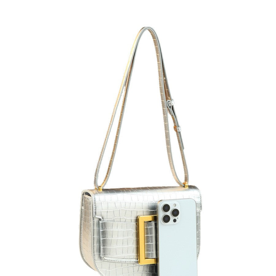 Chic Vintage Croc-Effect Saddle Bag for Women, A Light Luxury Square Buckle Embossed Shoulder Crossbody Handbag with Textured Premium Design