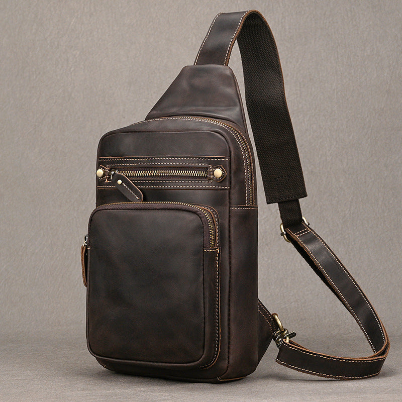 Large Capacity Crazy Horse Leather Chest Bag, Casual Crossbody Shoulder Pouch, Cowhide Bag Fits iPad for Men