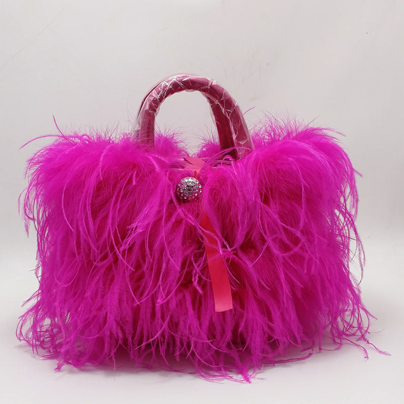Genuine Ostrich Feather Tassel Handbag for Women, Light Luxury Trendy Top Handle Shoulder Purse, Runway Evening Clutch for Ladies