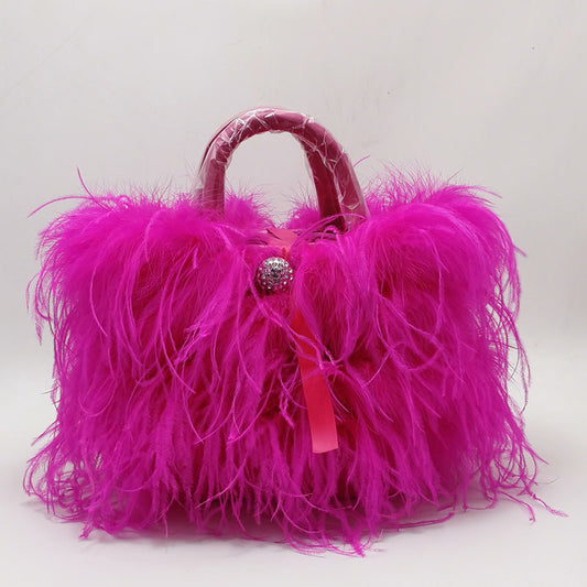 Genuine Ostrich Feather Tassel Handbag for Women, Light Luxury Trendy Top Handle Shoulder Purse, Runway Evening Clutch for Ladies