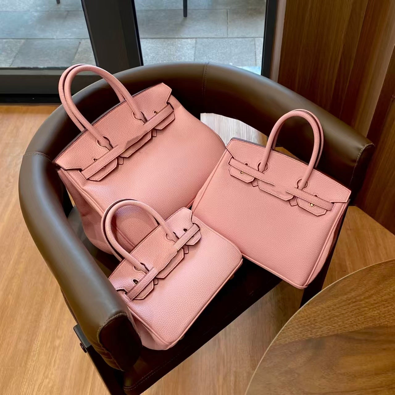 Genuine Togo Top Layer Cowhide Birkin-Style Bag with Waxed Thread Stitching, Full Steel Hardware Lock Top Handle Handmade Purse, Premium Leather Bag for Ladies