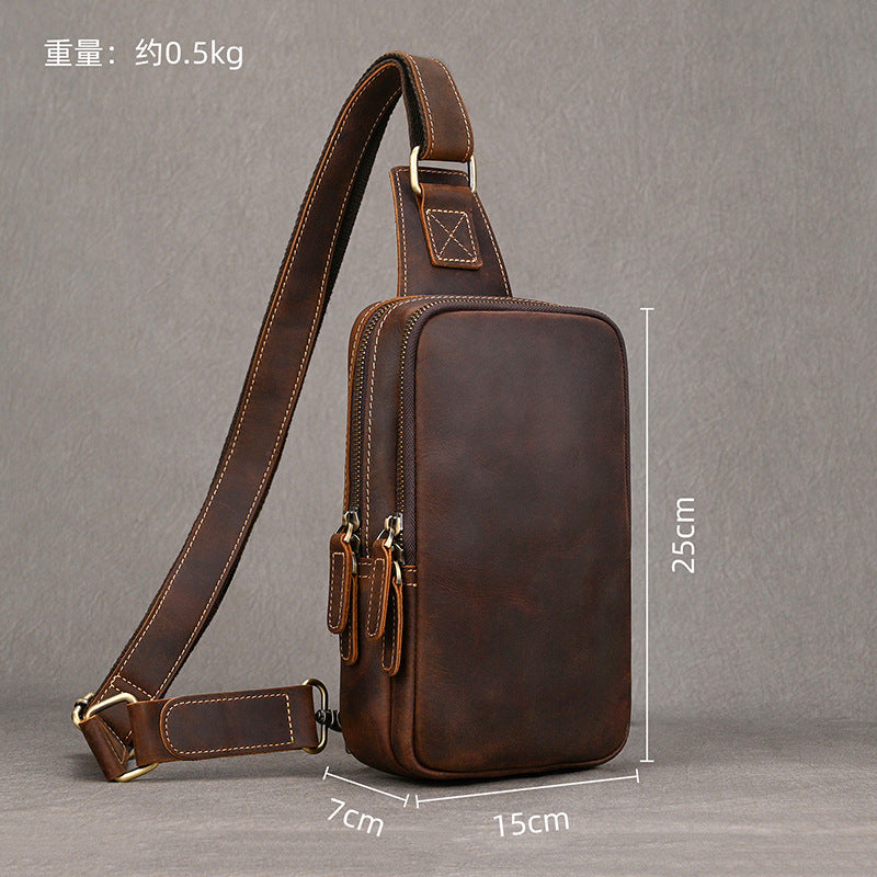 Lightweight Crazy Horse Leather Chest Bag, Casual Crossbody Shoulder Pouch, Cowhide Bag Fits iPad for Men