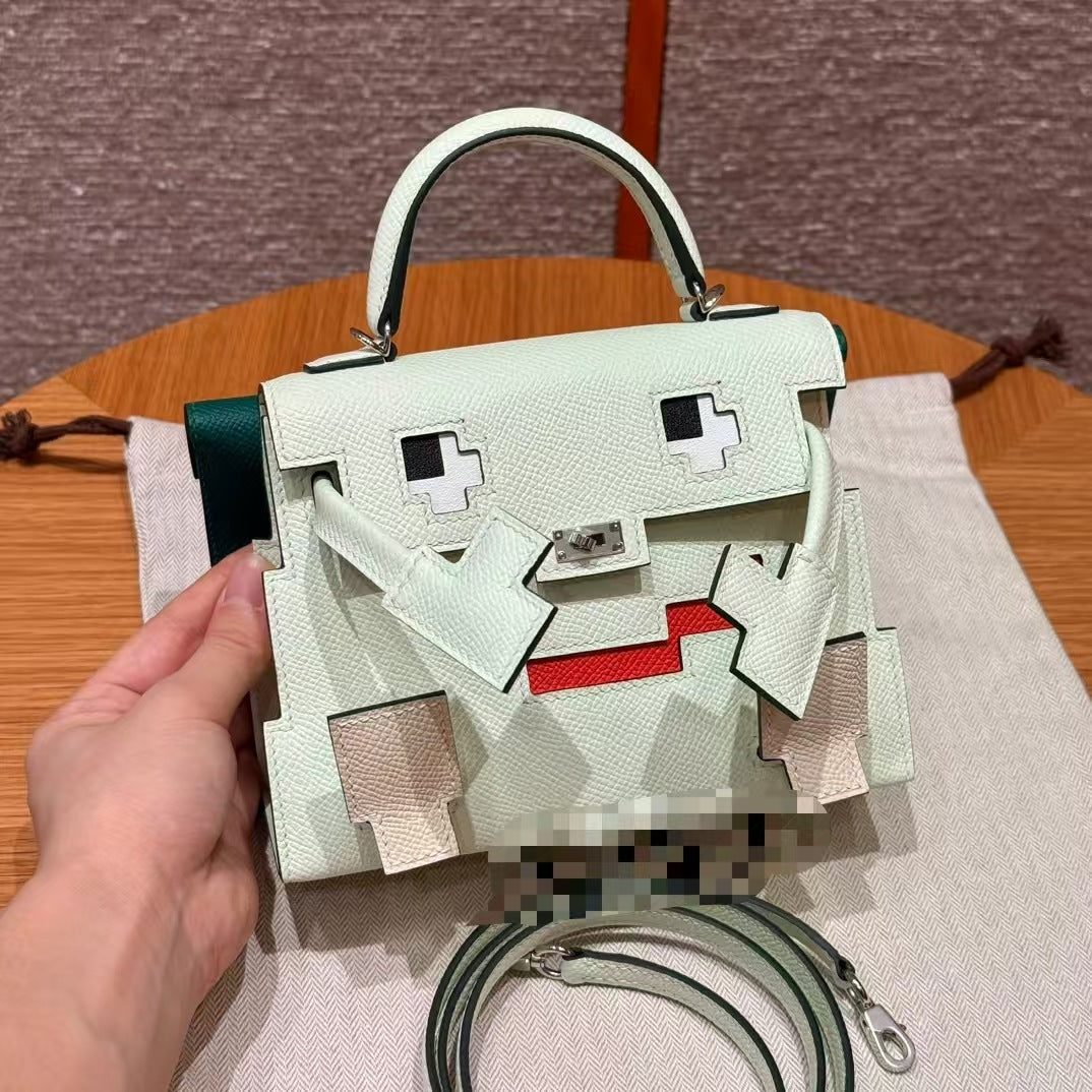 Mini Robot Doll Cross-Body Bag for Women, Hermès-Inspired Mosaic Pattern Bag with Vintage Lock, Epsom Leather Kelly-Style Shoulder Purse, Cute Novelty Handbag for Daily Wear