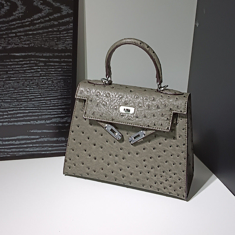 Genuine Leather Ostrich-Embossed Kelly-Style Bag for Women, New Spring Summer Premium Shoulder Crossbody Top Handle Purse, Fashionable Versatile Handbag for Ladies