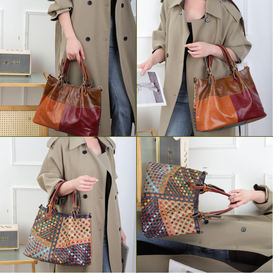 Vintage Woven Tote Bag for Women Top Layer Cowhide Large Capacity Shoulder Crossbody Handbag, Fashion Purse with Artisan Texture
