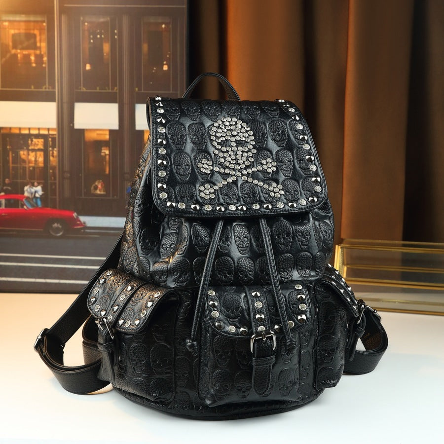 Halloween Skull Backpack for Men Women Rhinestone Studded Large Capacity Daypack, Gothic Punk Travel Backpack with Sparkling Crystal Embellishments