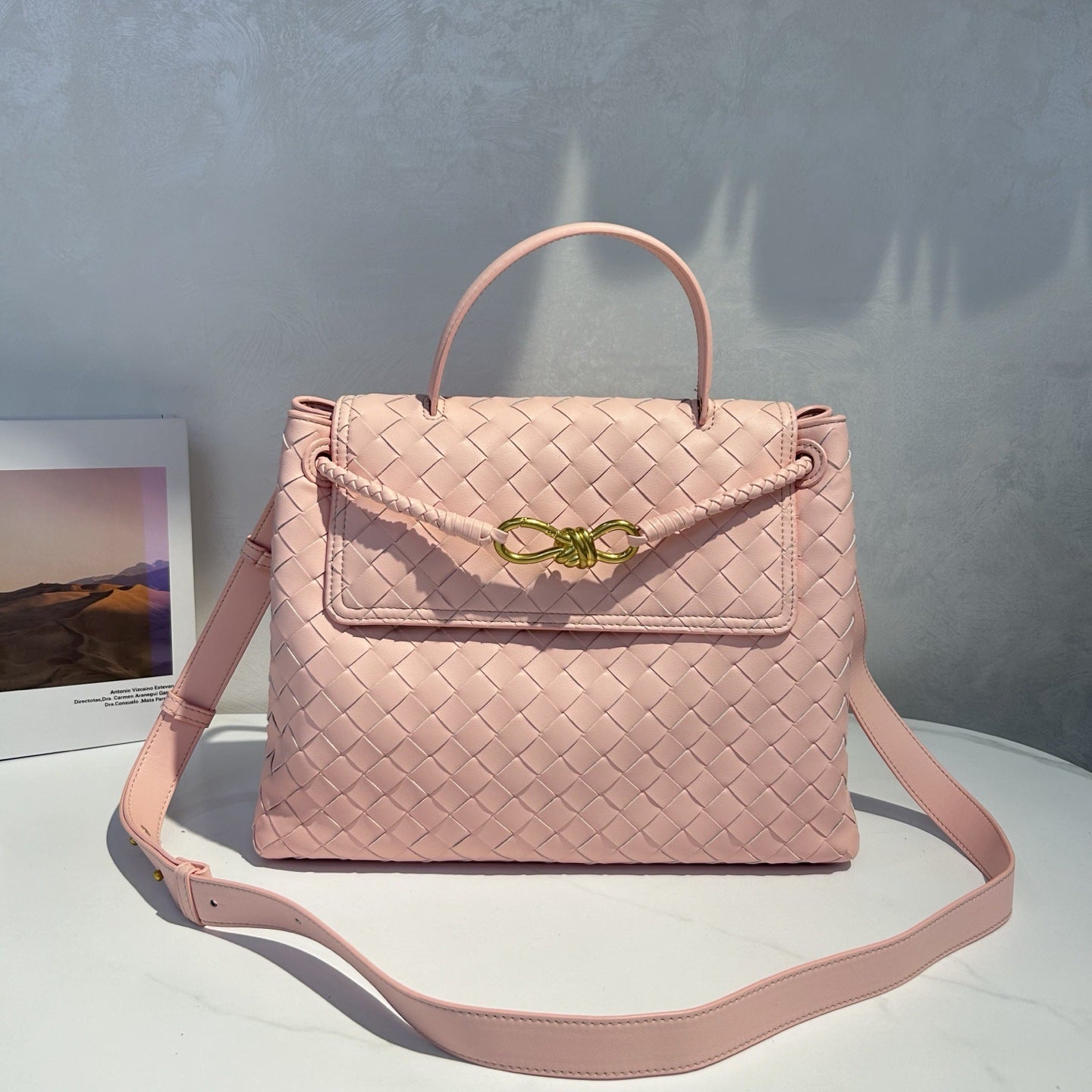Genuine Leather Woven Tote with Butterfly Gold Buckle Flap, Large Commuter Shoulder & Crossbody Bag for Women